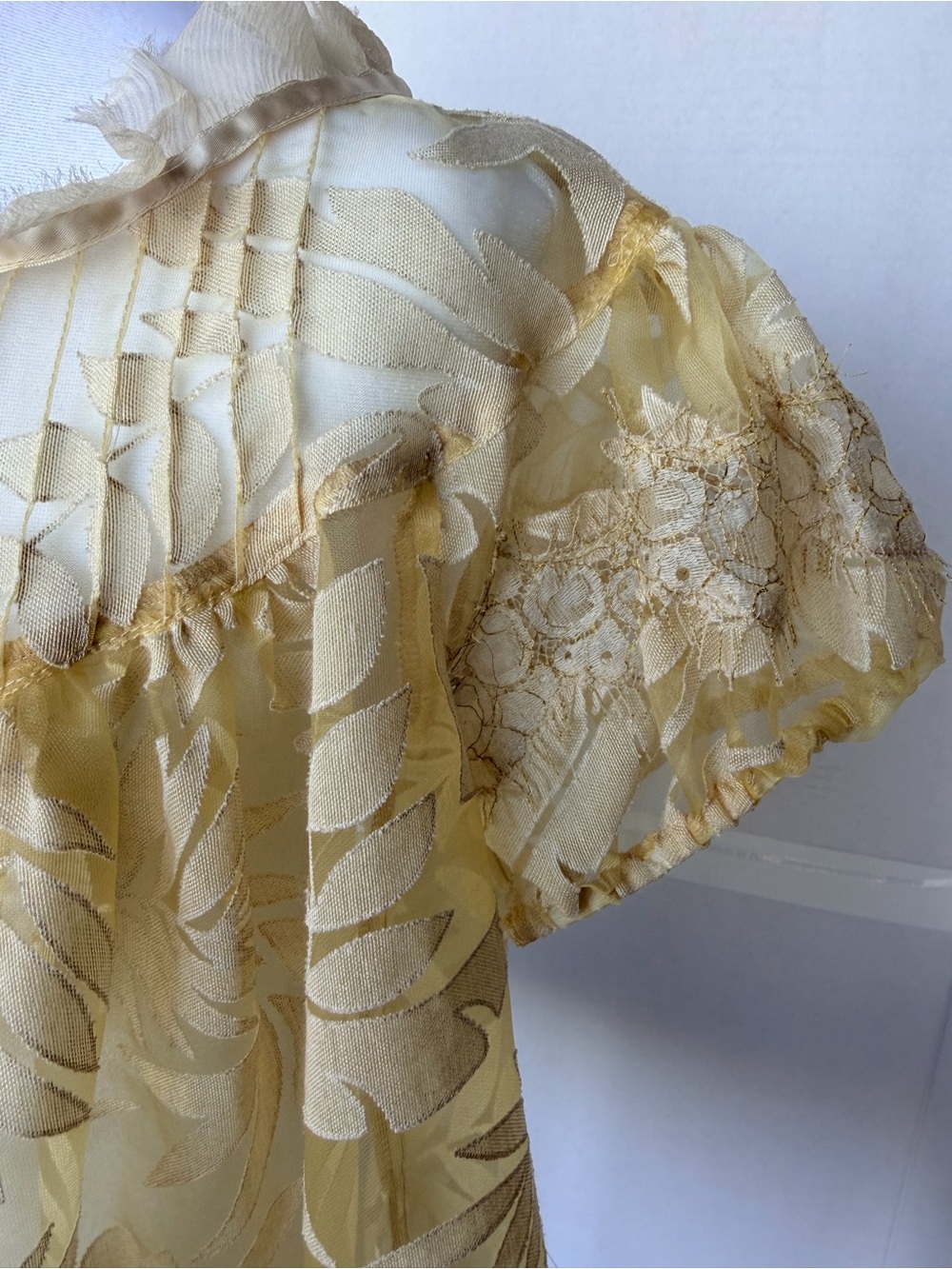 Anna Sui Sheer Lace-Trim Yellow Floral Short-Sleeve Blouse - Picture 2 of 8